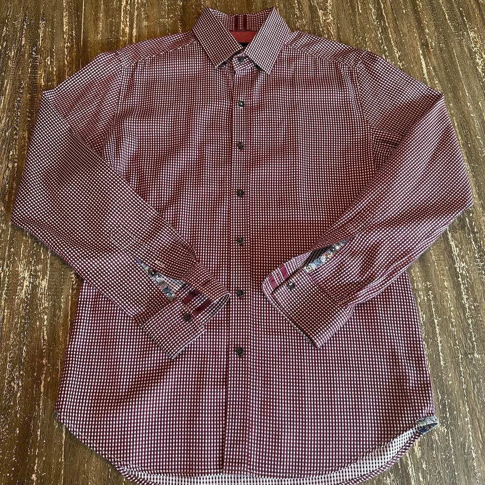 Robert Graham Modern Americana Dress Shirt Button Up Checkered Print Red Mens M